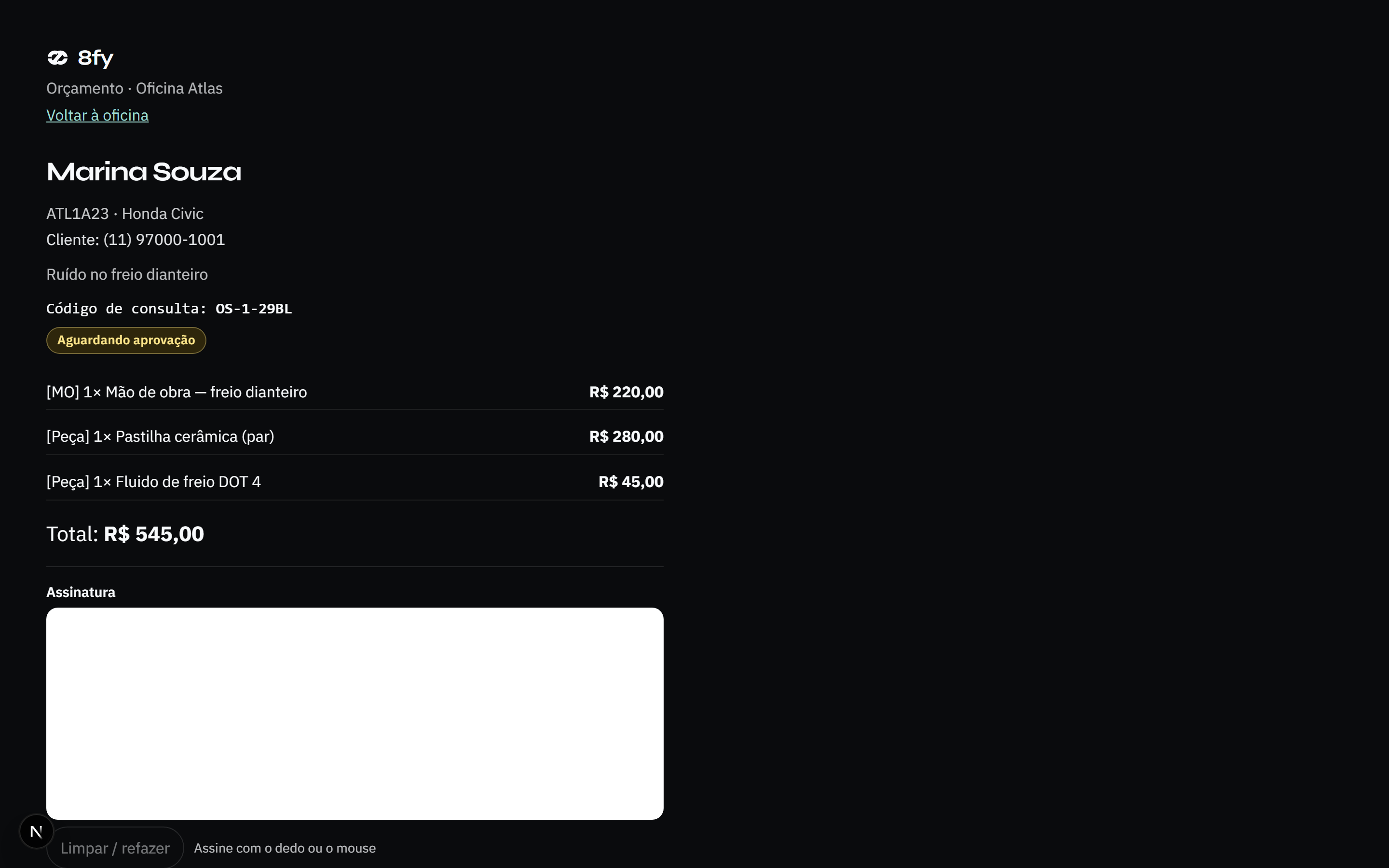 Orçamento enviado para o cliente acompanhar
